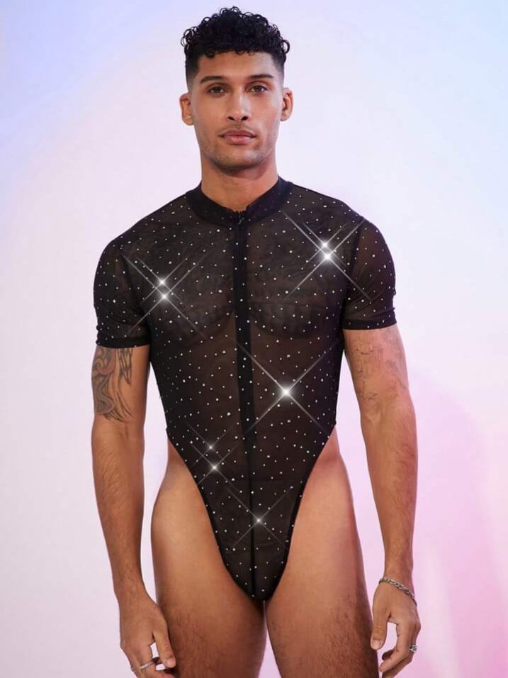 Bonga Boys Men's Sheer Mesh Overalls Rhinestone Bodysuit